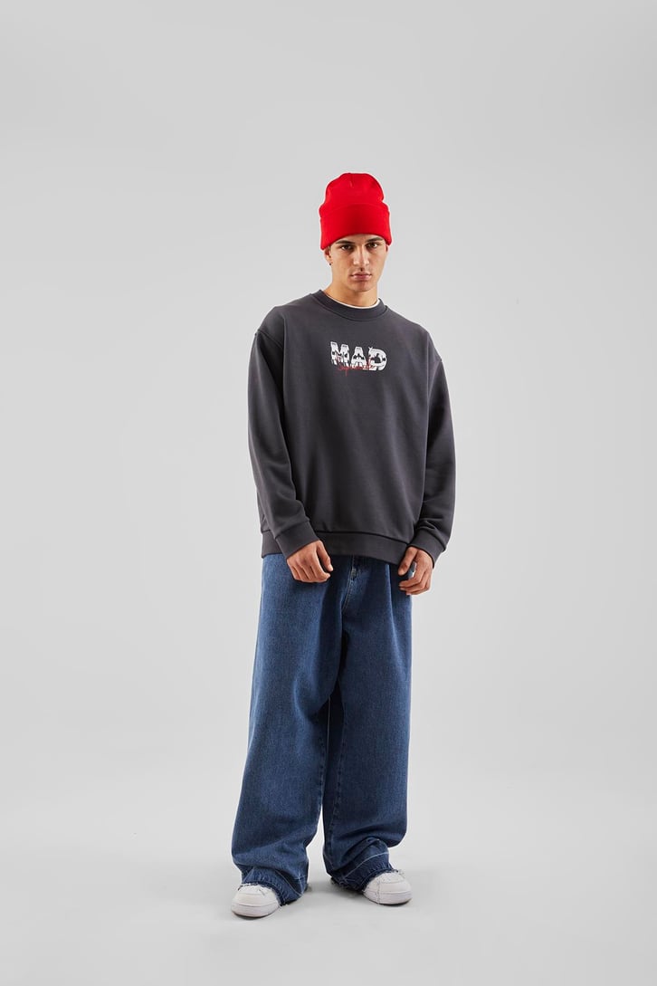 Mad Baskılı Antrasit Oversize Sweatshirt