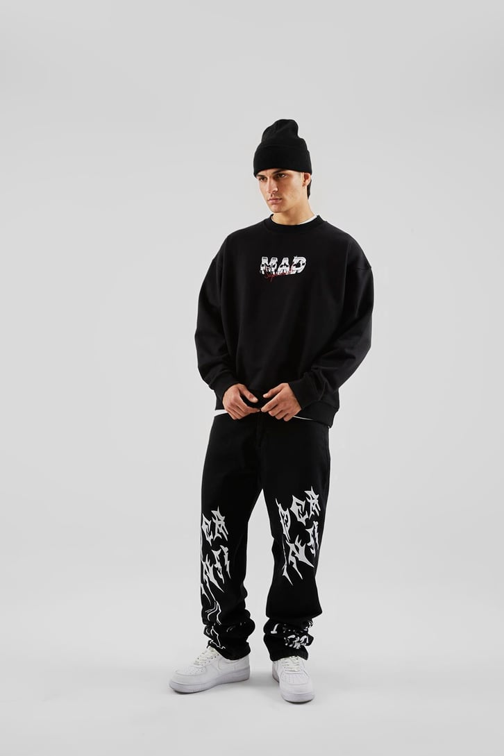 Mad Baskılı Siyah Oversize Sweatshirt