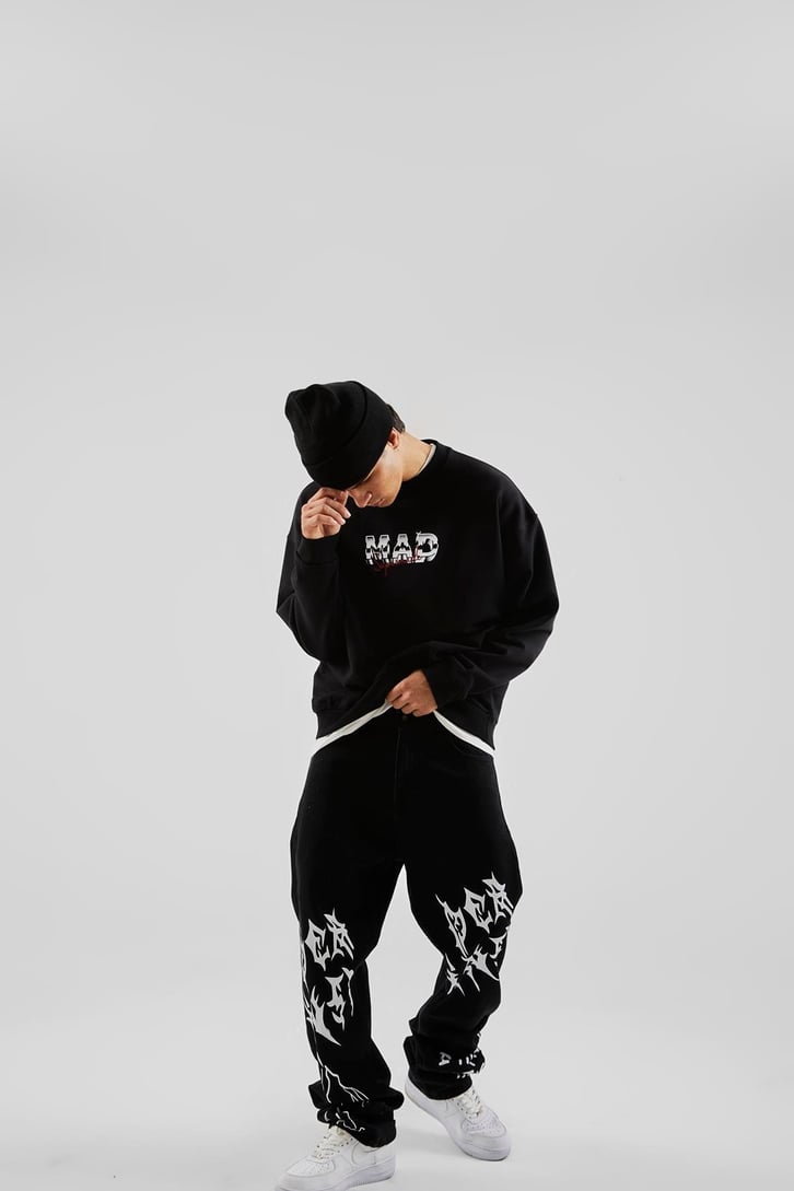 Mad Baskılı Siyah Oversize Sweatshirt