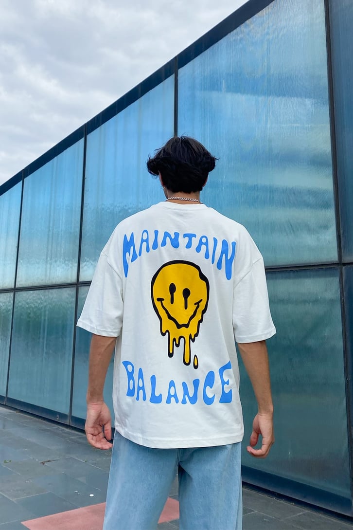 Maintain Balance Baskılı Ekru Oversize Tshirt