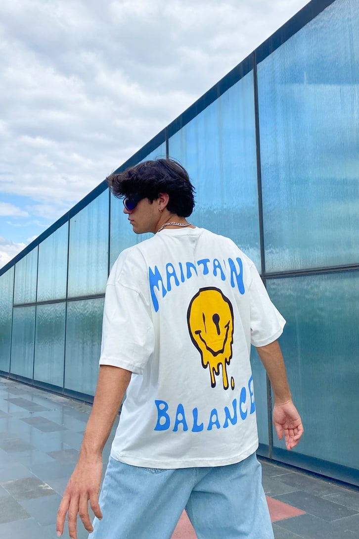 Maintain Balance Baskılı Ekru Oversize Tshirt