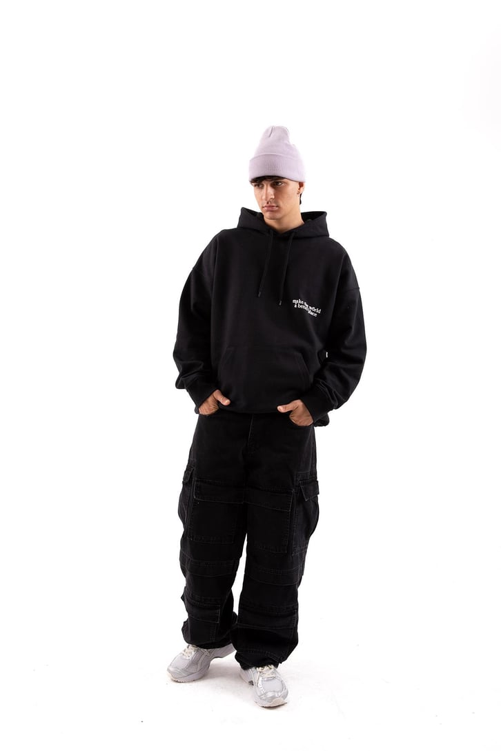 Make The World Baskılı Siyah Oversize Hoodie