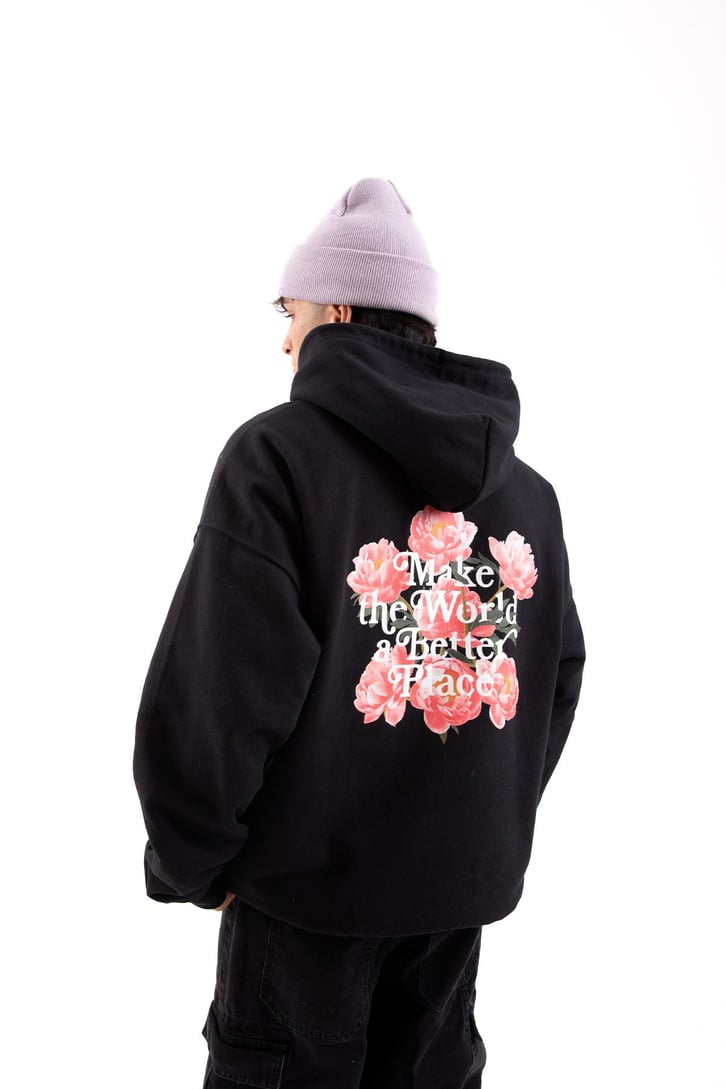 Make The World Baskılı Siyah Oversize Hoodie