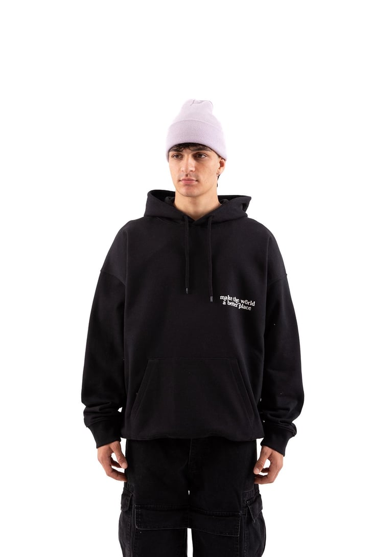 Make The World Baskılı Siyah Oversize Hoodie