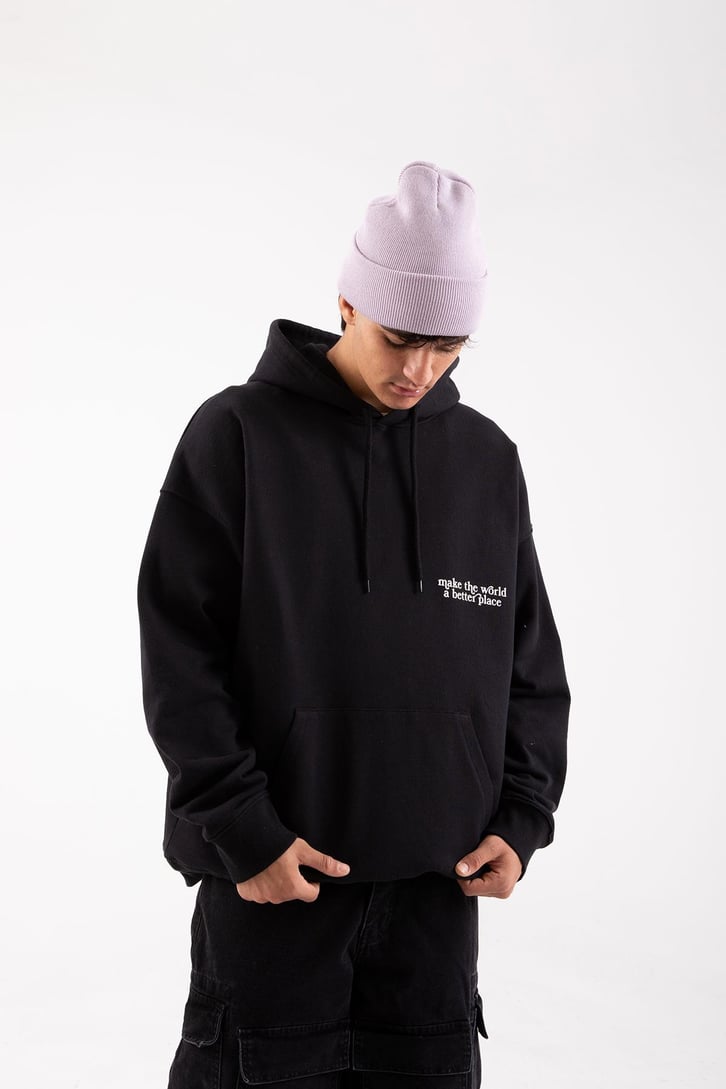 Make The World Baskılı Siyah Oversize Hoodie