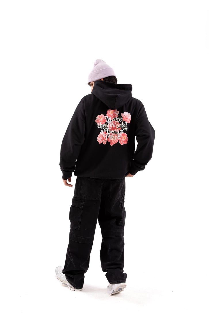 Make The World Baskılı Siyah Oversize Hoodie