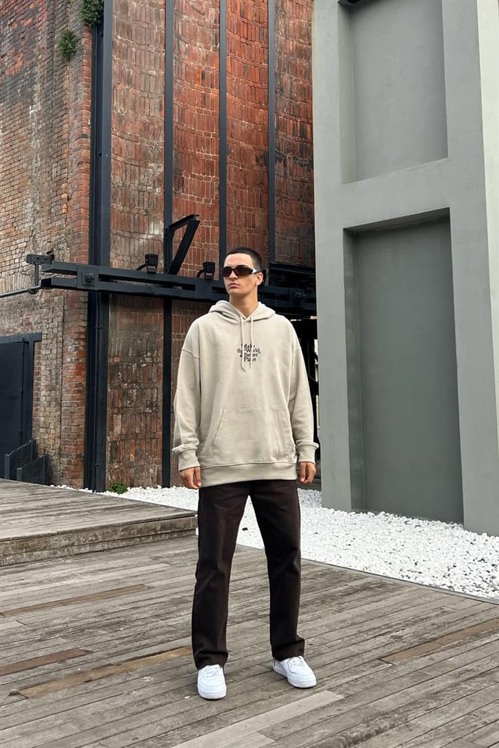 Make The World Nakışlı Bej İçi Pamuklu Oversize Hoodie