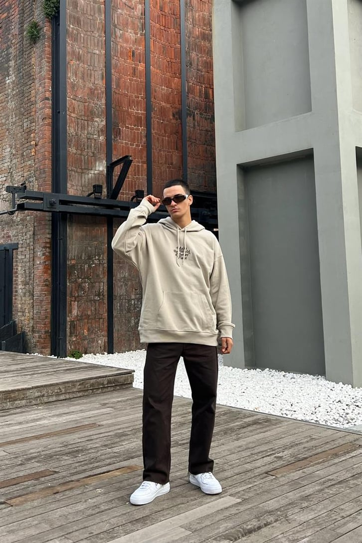 Make The World Nakışlı Bej İçi Pamuklu Oversize Hoodie