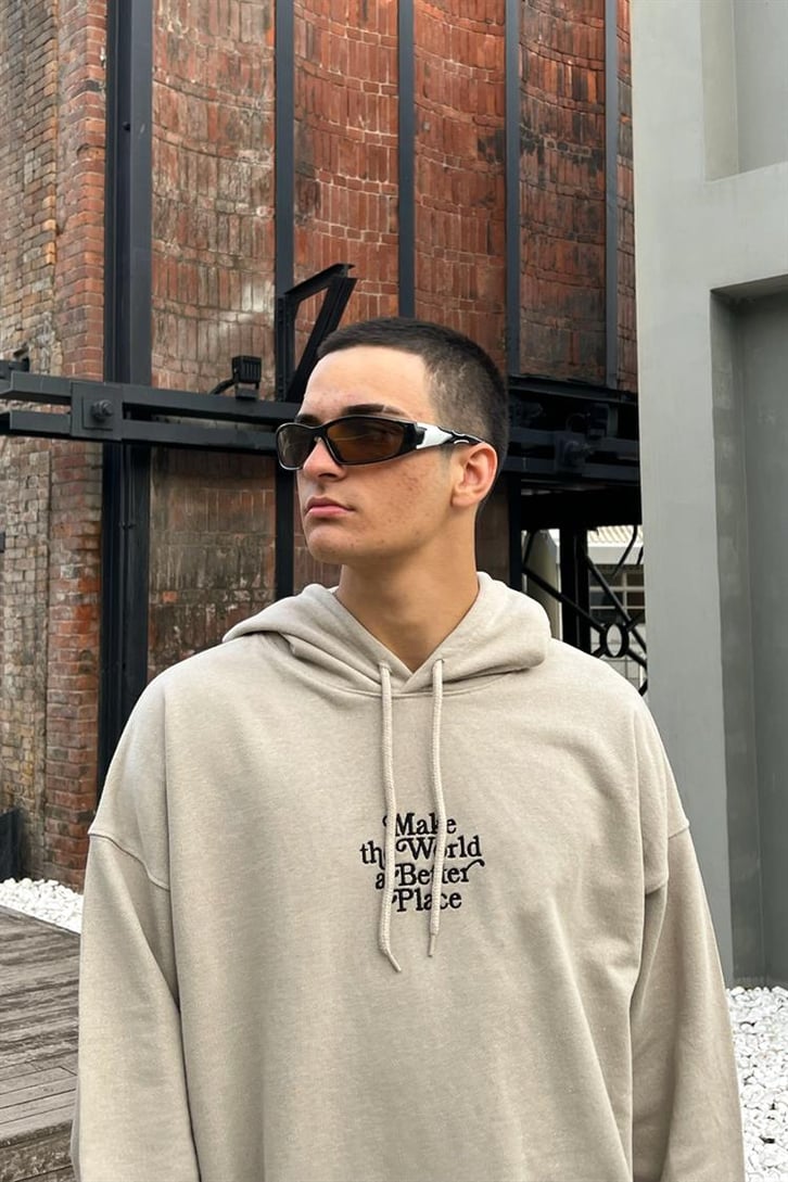 Make The World Nakışlı Bej İçi Pamuklu Oversize Hoodie