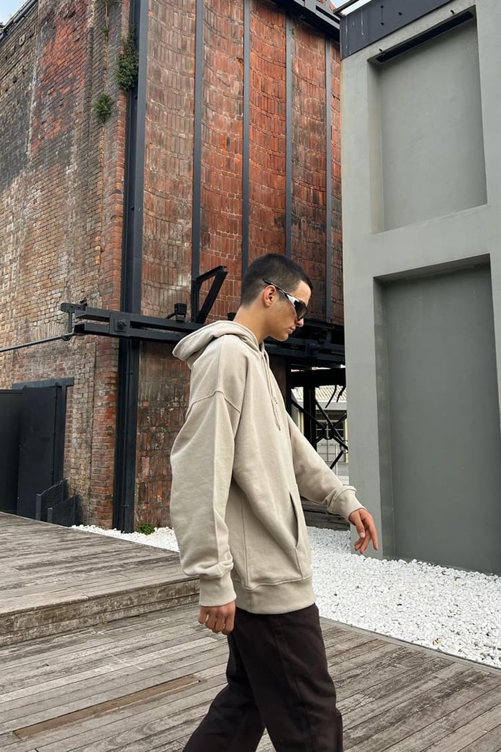 Make The World Nakışlı Bej İçi Pamuklu Oversize Hoodie