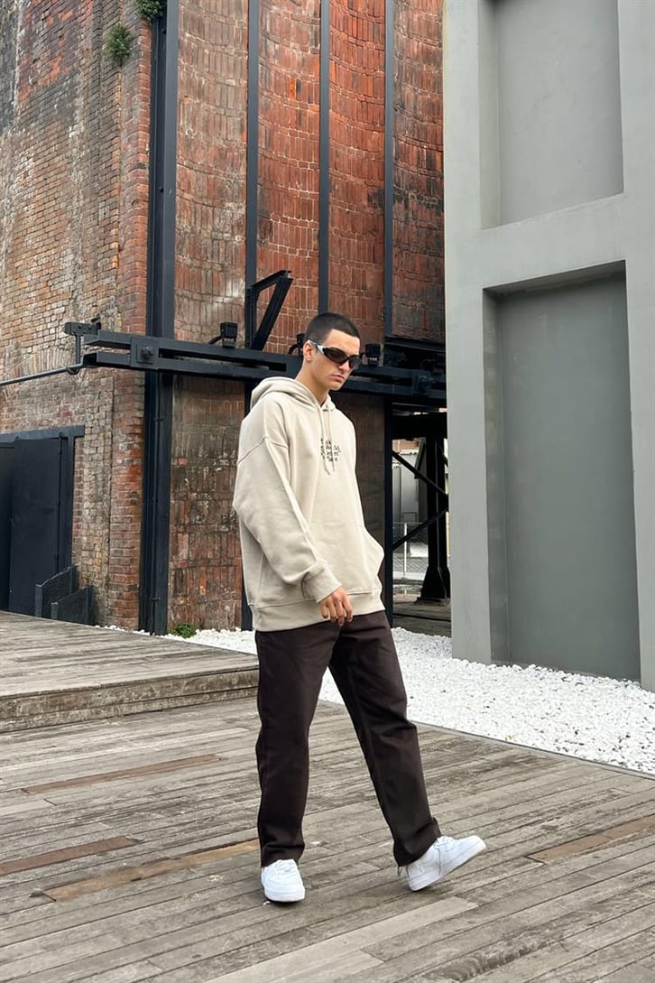 Make The World Nakışlı Bej İçi Pamuklu Oversize Hoodie