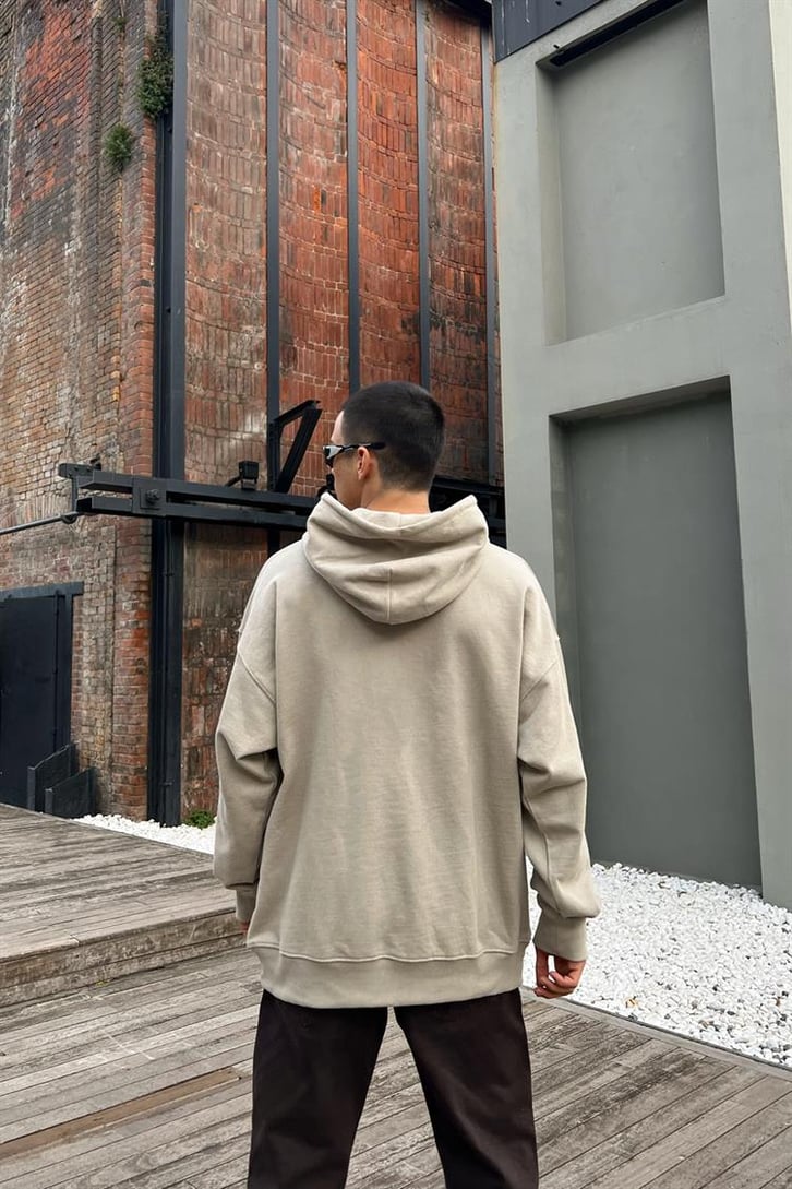 Make The World Nakışlı Bej İçi Pamuklu Oversize Hoodie