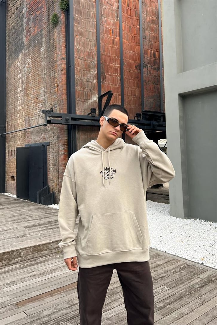 Make The World Nakışlı Bej İçi Pamuklu Oversize Hoodie