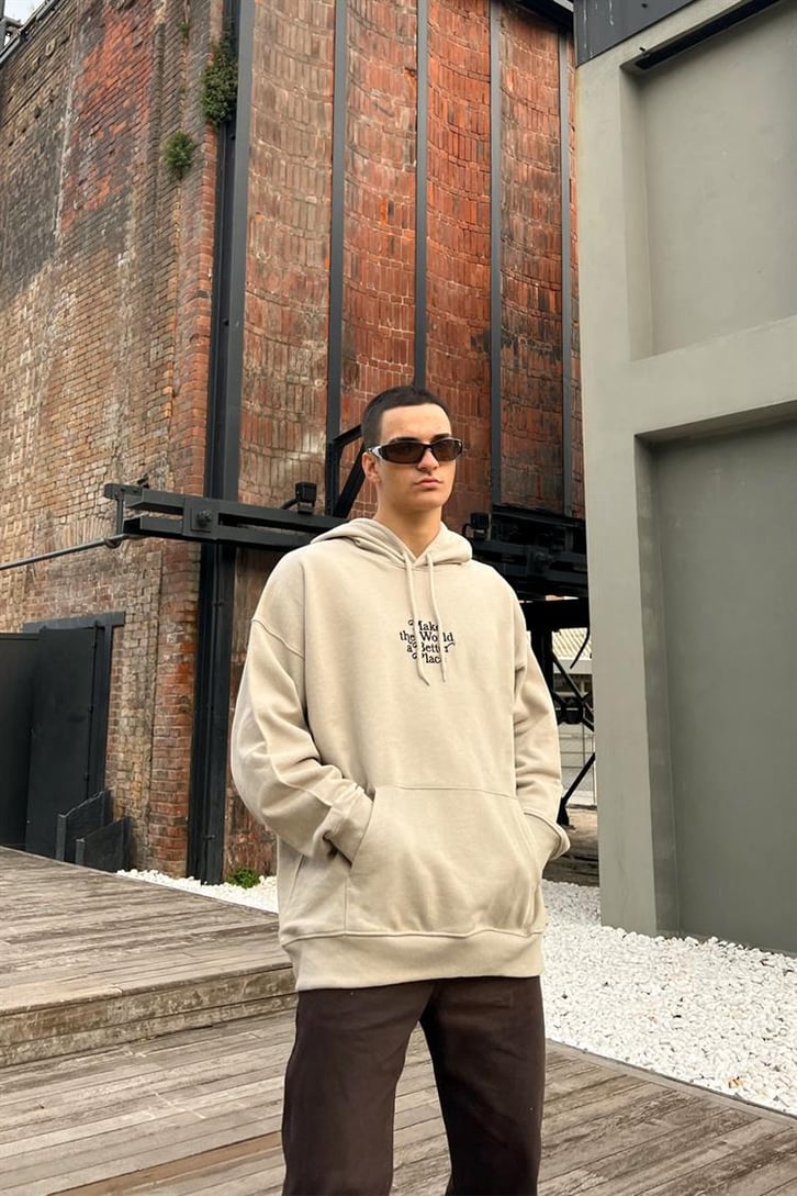 Make The World Nakışlı Bej İçi Pamuklu Oversize Hoodie