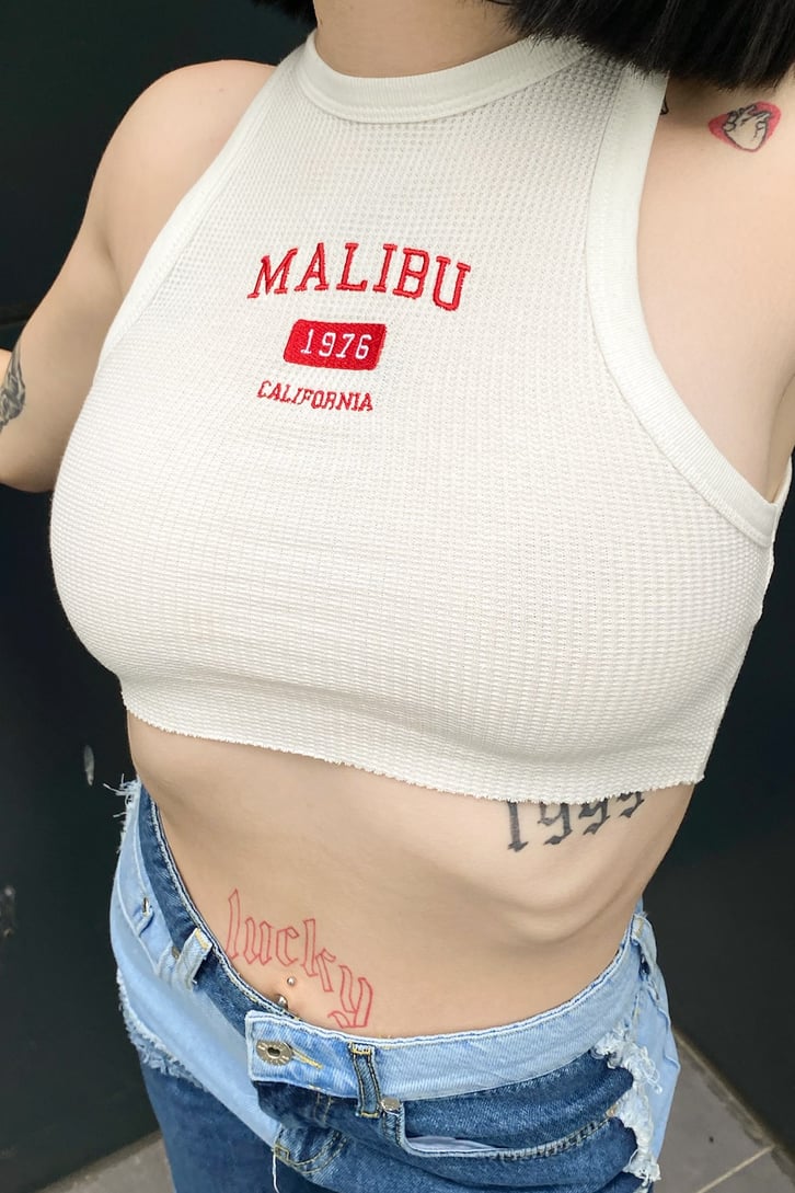Malibu Nakışlı Ekru Crop