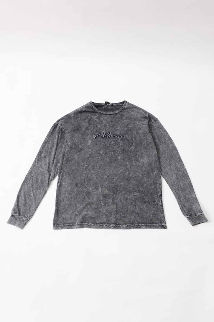 Man Nakışlı Acid Wash Uzun Kollu Tshirt