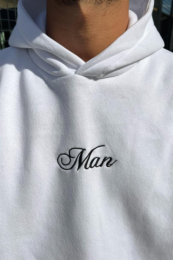 Man Nakışlı Beyaz Oversize Hoodie