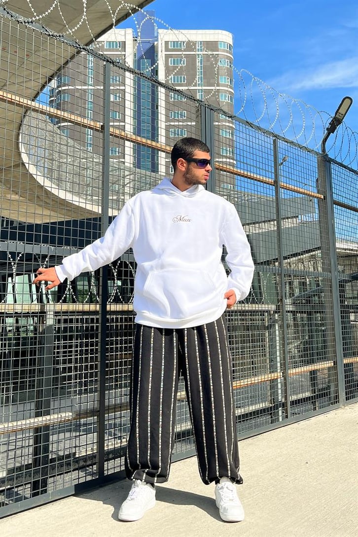 Man Nakışlı Beyaz Oversize Hoodie