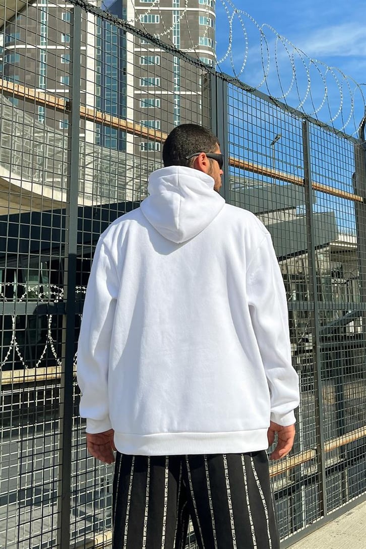 Man Nakışlı Beyaz Oversize Hoodie