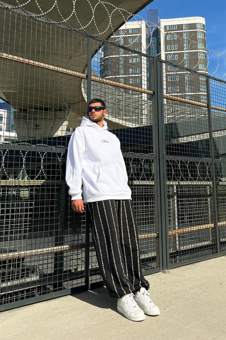 Man Nakışlı Beyaz Oversize Hoodie