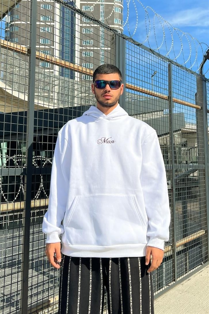 Man Nakışlı Beyaz Oversize Hoodie