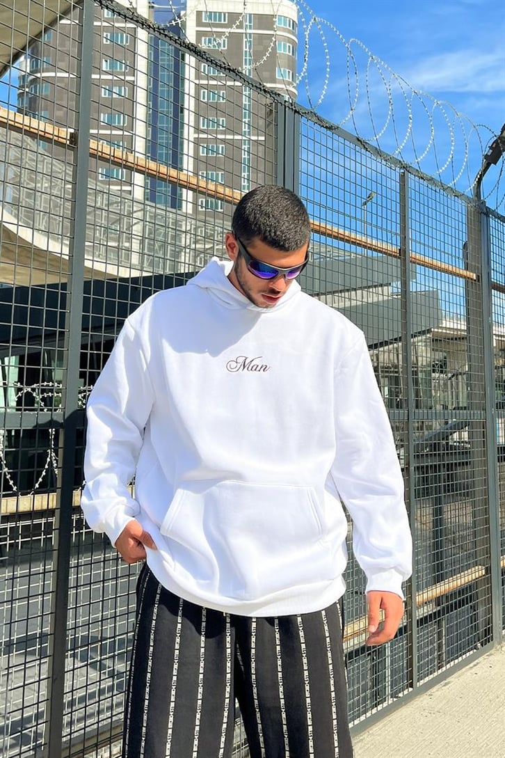 Man Nakışlı Beyaz Oversize Hoodie