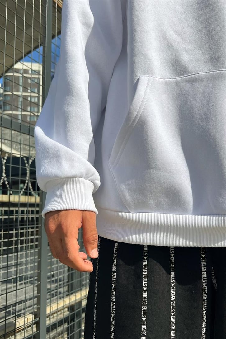 Man Nakışlı Beyaz Oversize Hoodie