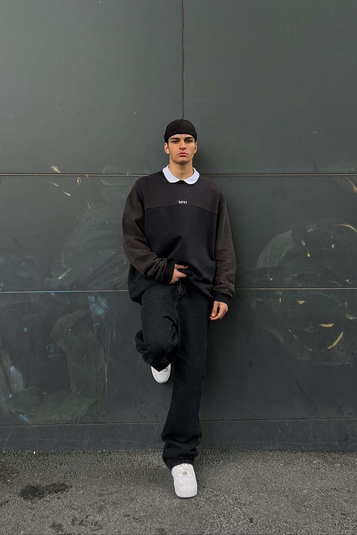 Man Nakışlı Parçalı Oversize Sweatshirt
