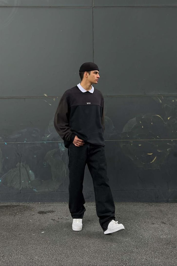 Man Nakışlı Parçalı Oversize Sweatshirt