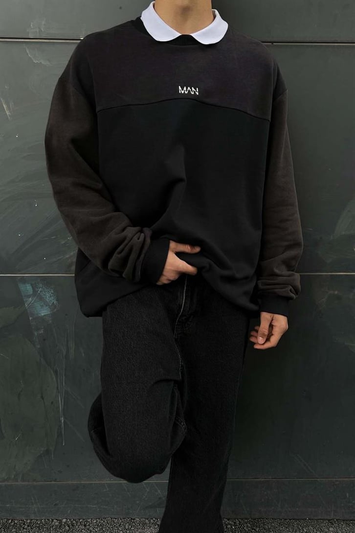 Man Nakışlı Parçalı Oversize Sweatshirt