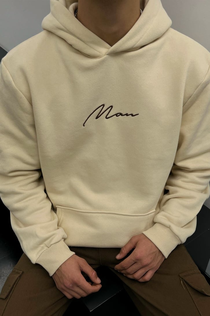 Man Nakışlı Taş Rengi İçi Pamuklu Oversize Hoodie