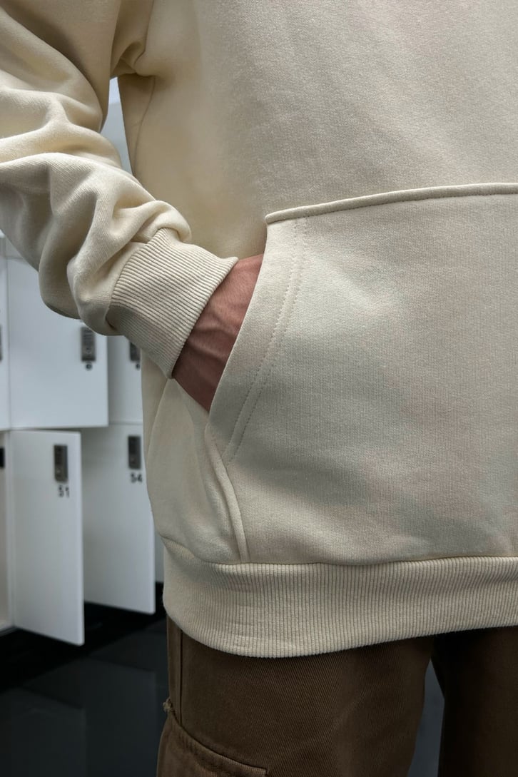 Man Nakışlı Taş Rengi İçi Pamuklu Oversize Hoodie