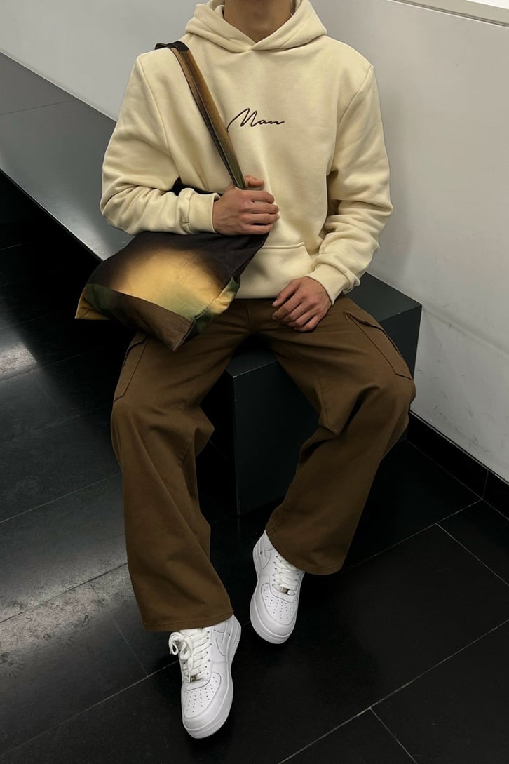 Man Nakışlı Taş Rengi İçi Pamuklu Oversize Hoodie