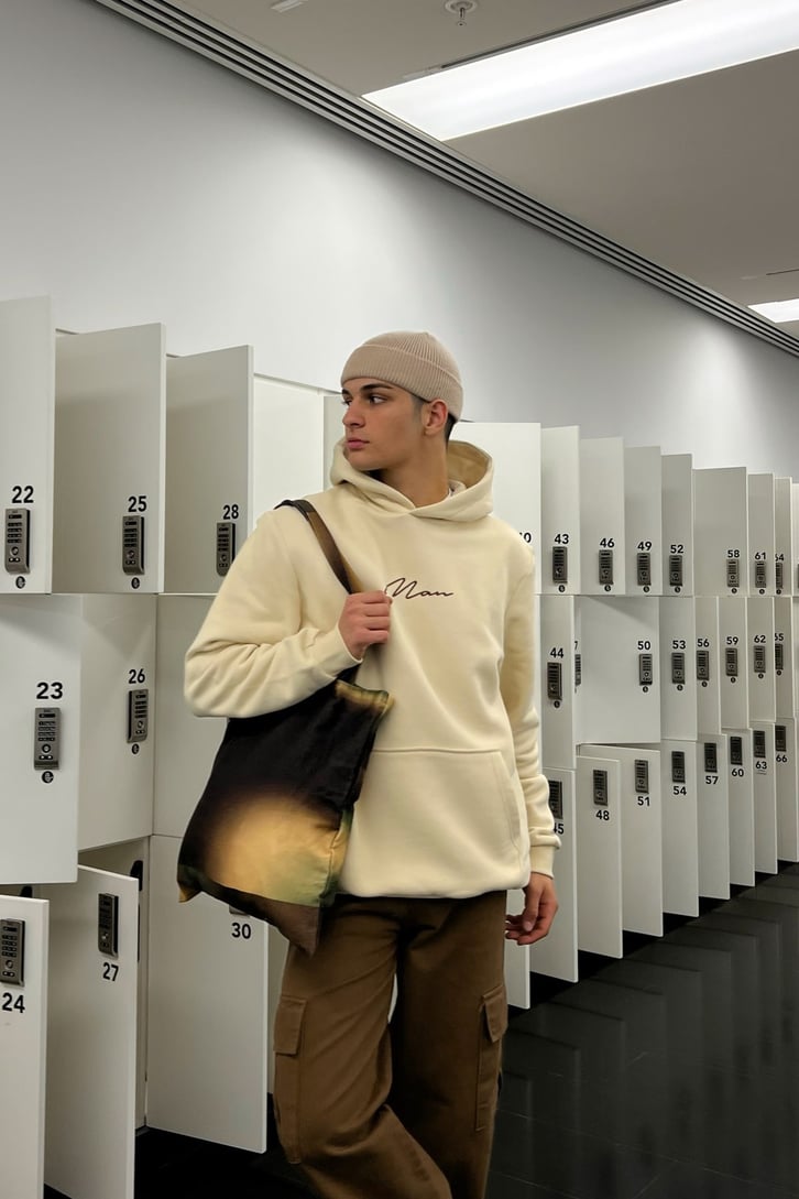 Man Nakışlı Taş Rengi İçi Pamuklu Oversize Hoodie