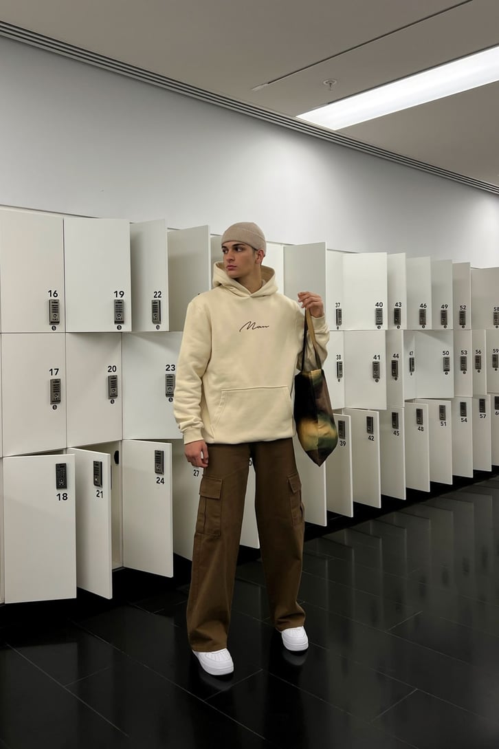 Man Nakışlı Taş Rengi İçi Pamuklu Oversize Hoodie