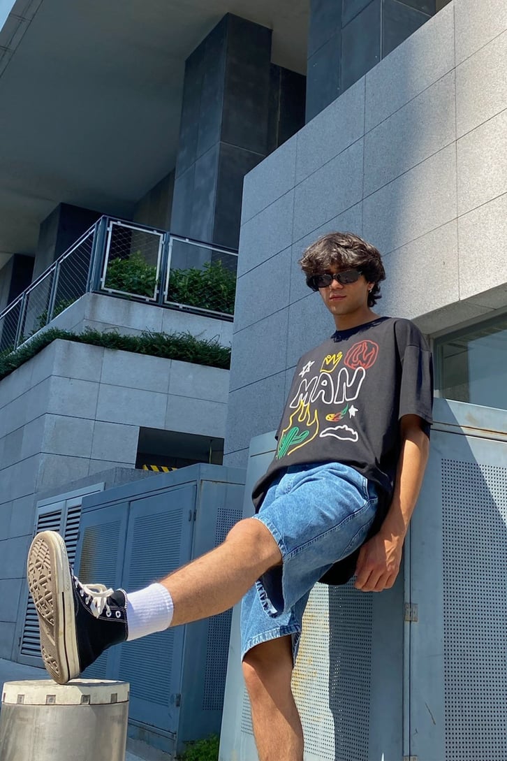 Man Object Baskılı Siyah Oversize Tshirt