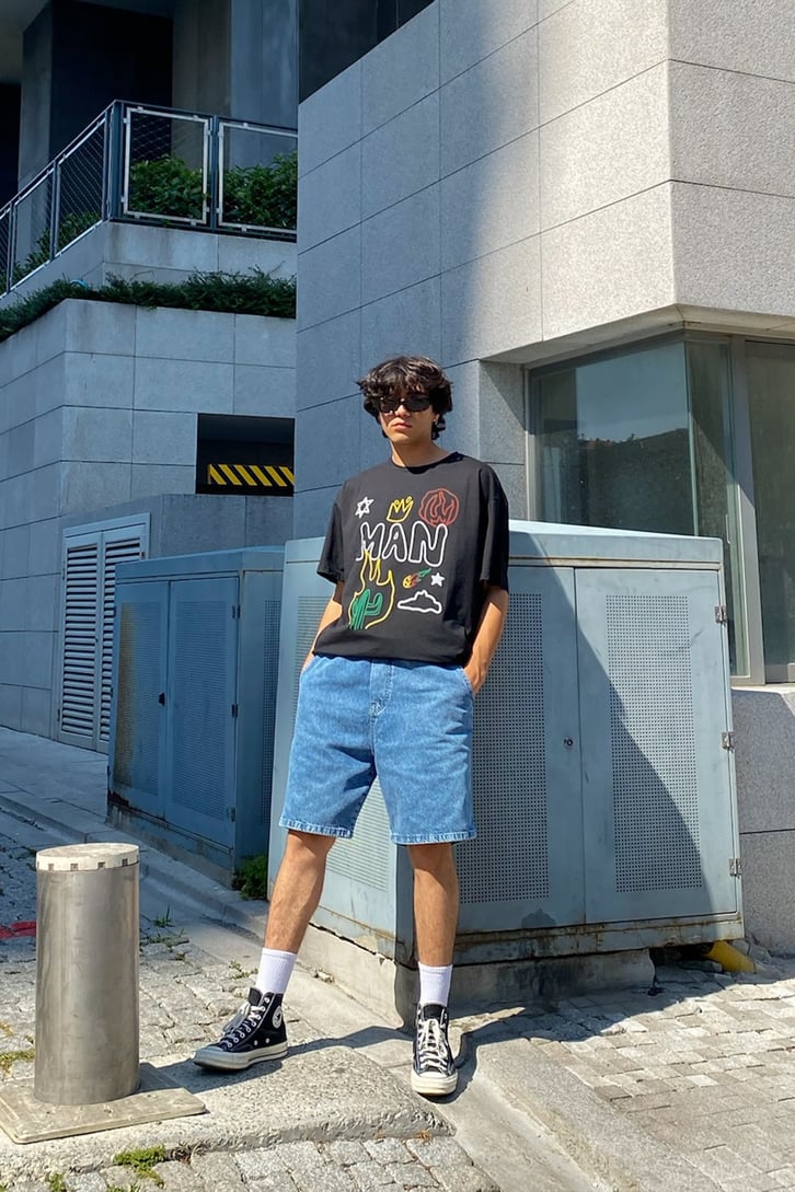 Man Object Baskılı Siyah Oversize Tshirt