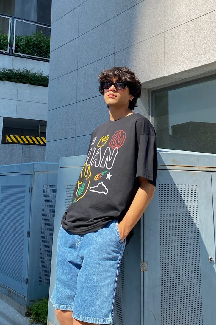 Man Object Baskılı Siyah Oversize Tshirt