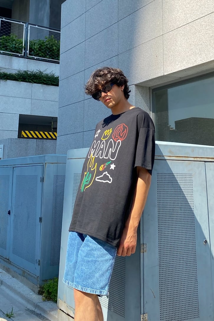 Man Object Baskılı Siyah Oversize Tshirt