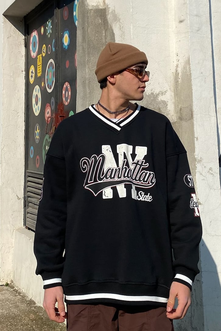 Manhattan Collage Style Oversize Siyah Sweatshirt