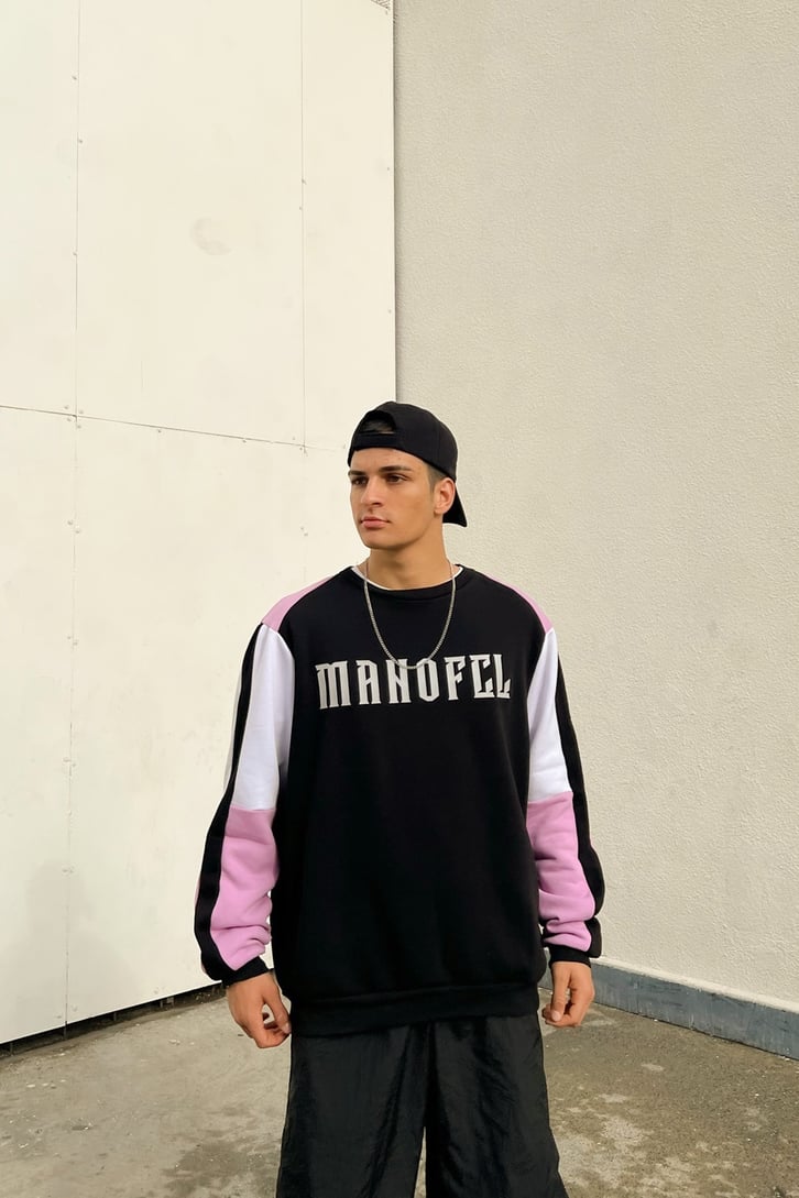 Manofcl Parçalı Siyah Oversize Sweatshirt