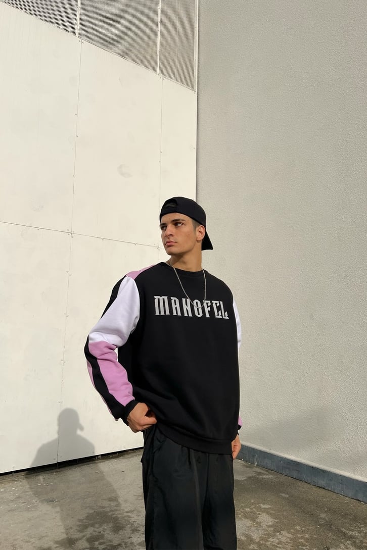 Manofcl Parçalı Siyah Oversize Sweatshirt