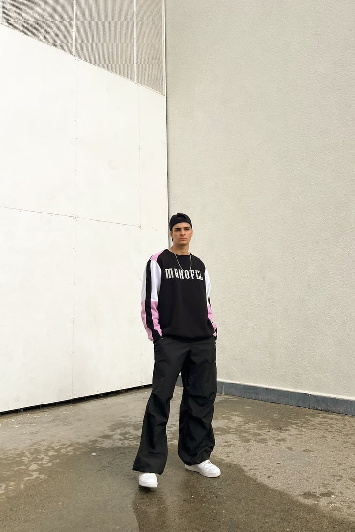 Manofcl Parçalı Siyah Oversize Sweatshirt