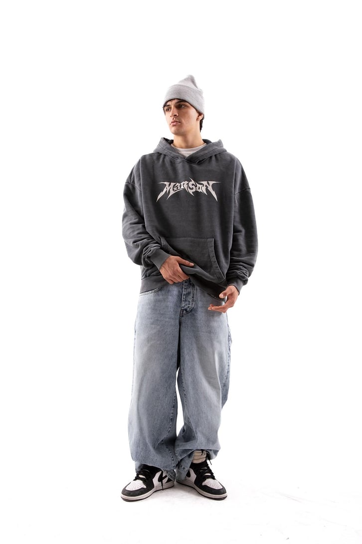 Manson Baskılı Acid Wash Oversize Hoodie