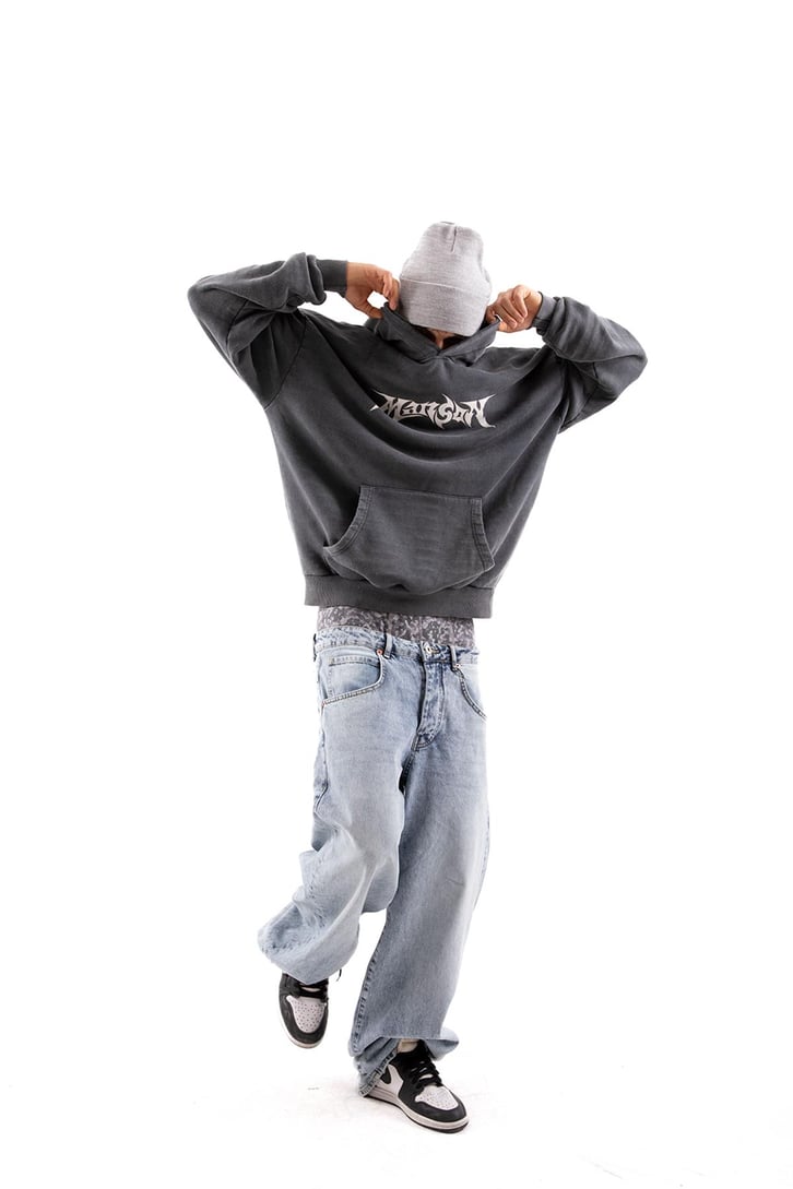 Manson Baskılı Acid Wash Oversize Hoodie