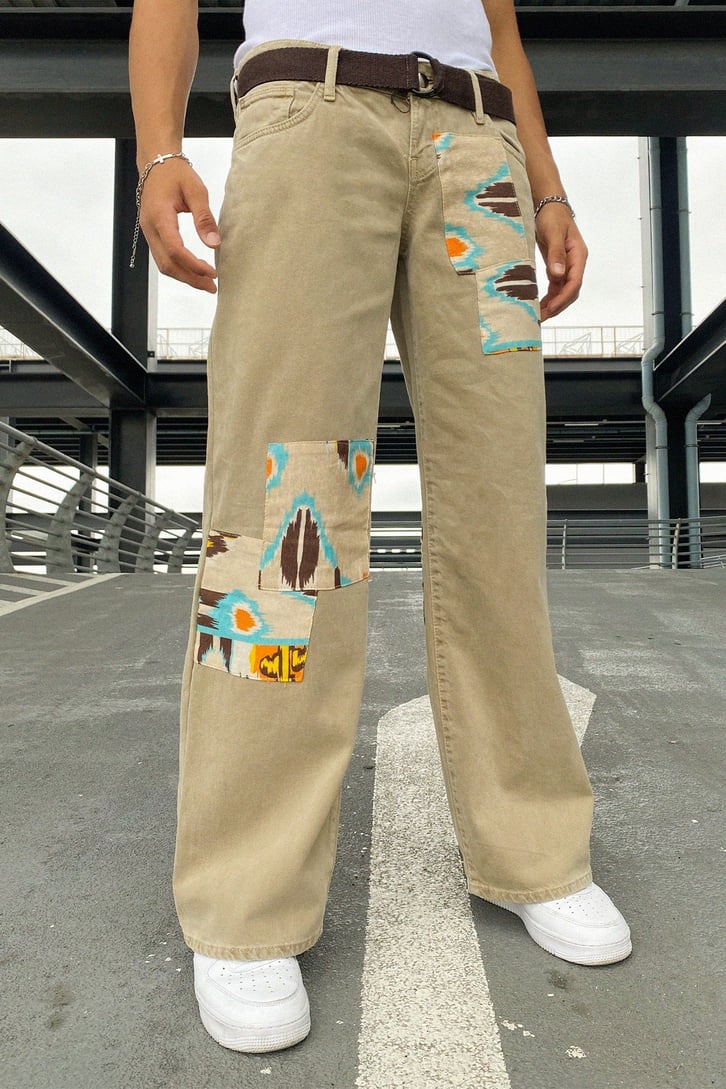 Marbling Patch Detay Bej Baggy Jean