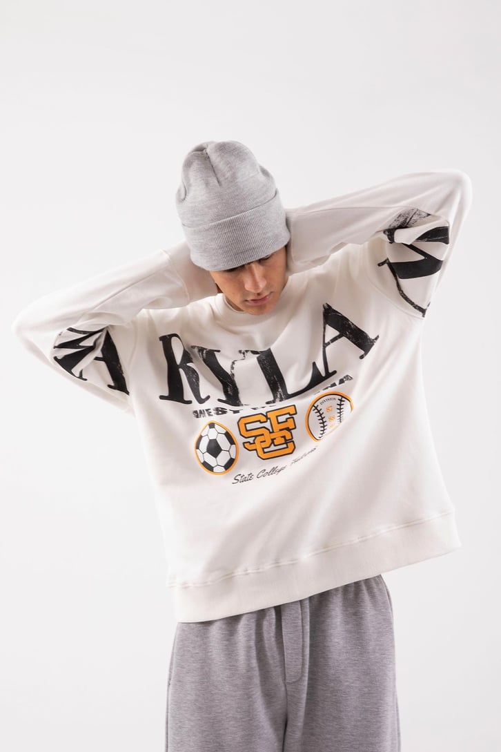 Maryland Baskılı Ekru Oversize Sweatshirt