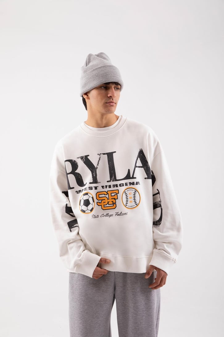 Maryland Baskılı Ekru Oversize Sweatshirt