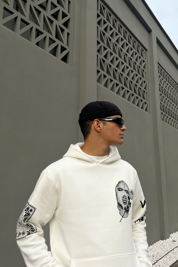 Masked Baskılı Beyaz Oversize Hoodie