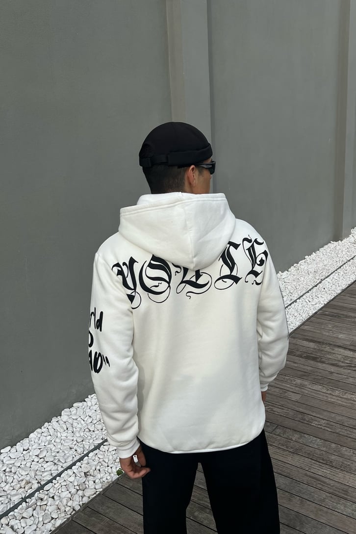 Masked Baskılı Beyaz Oversize Hoodie